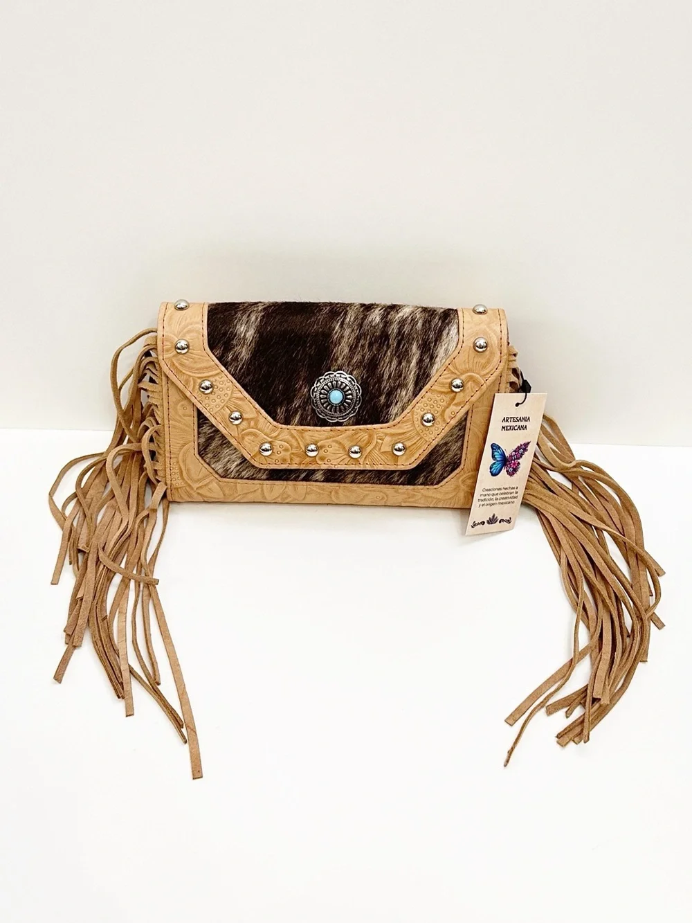 Boho Handmade Fringed Leather & Cowhide Crossbody Bag - Tan